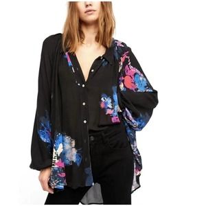 Free People Blouse Womens Black Meadow Lark Button Down Shirt Sz S Tunic Floral